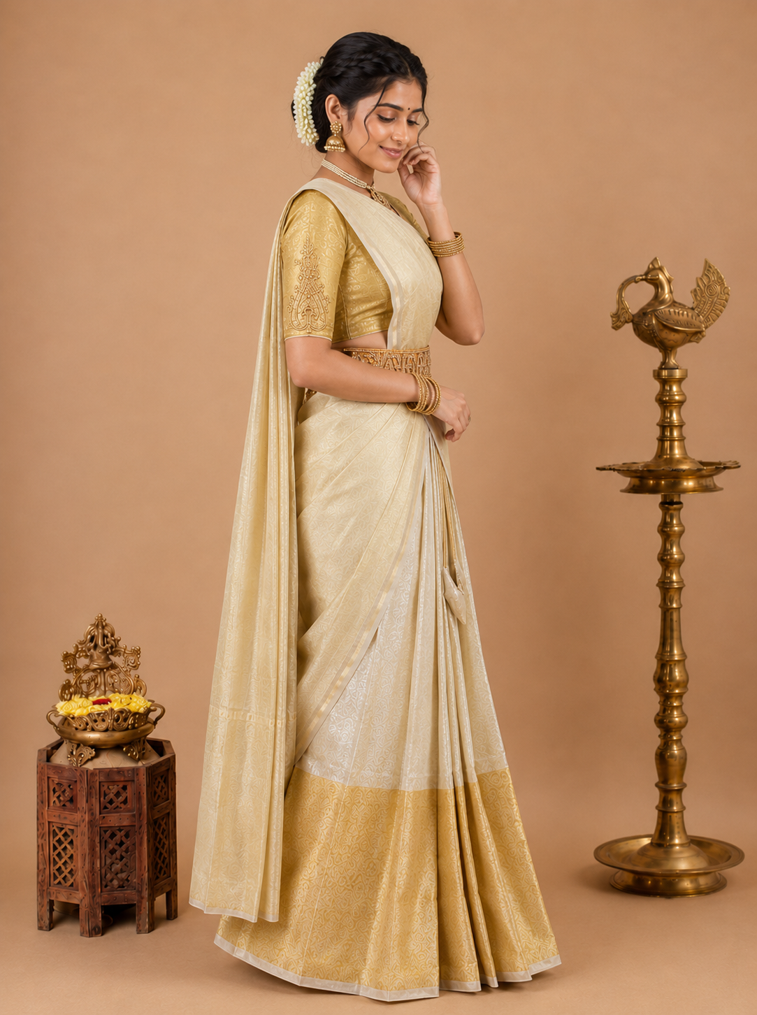 Classic Cream & Gold Traditional Half Saree