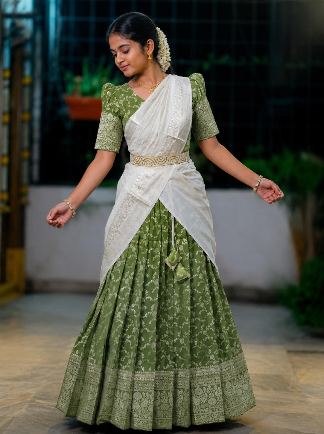 Olive Green & White Traditional Half Saree with Cultural Elegance