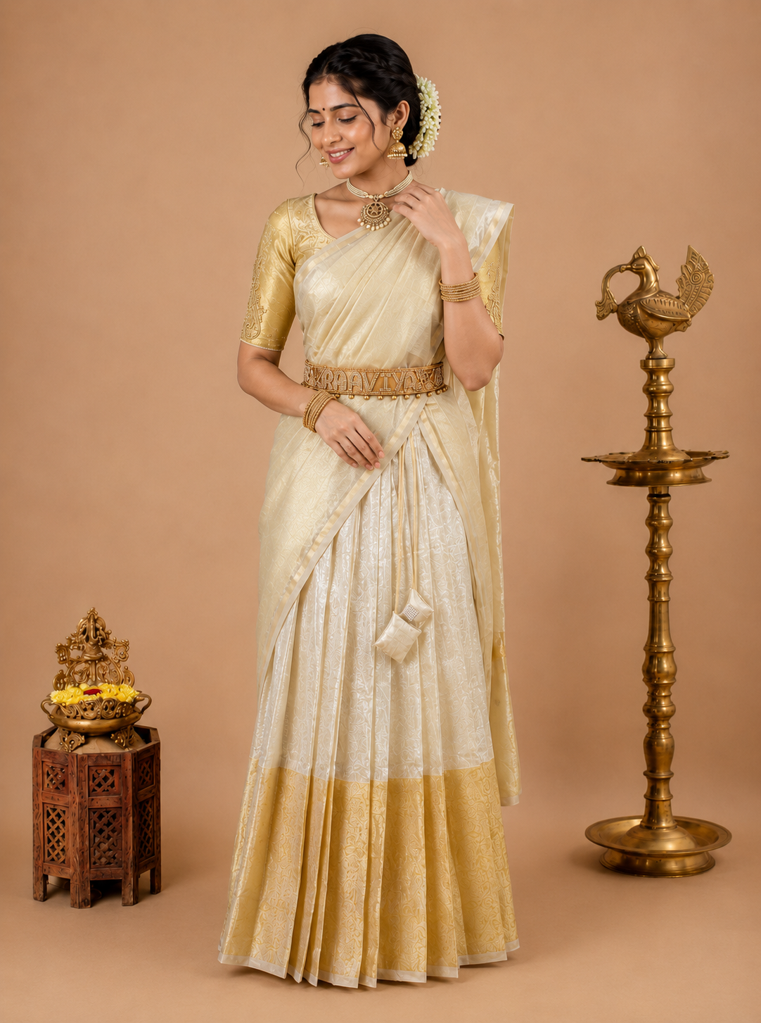Classic Cream & Gold Traditional Half Saree