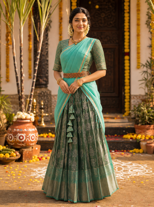 Teal Green & Aqua Blue Premium Traditional Half Saree