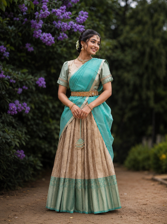 Gold & Cream Traditional Half Saree with Rich Ethnic Charm