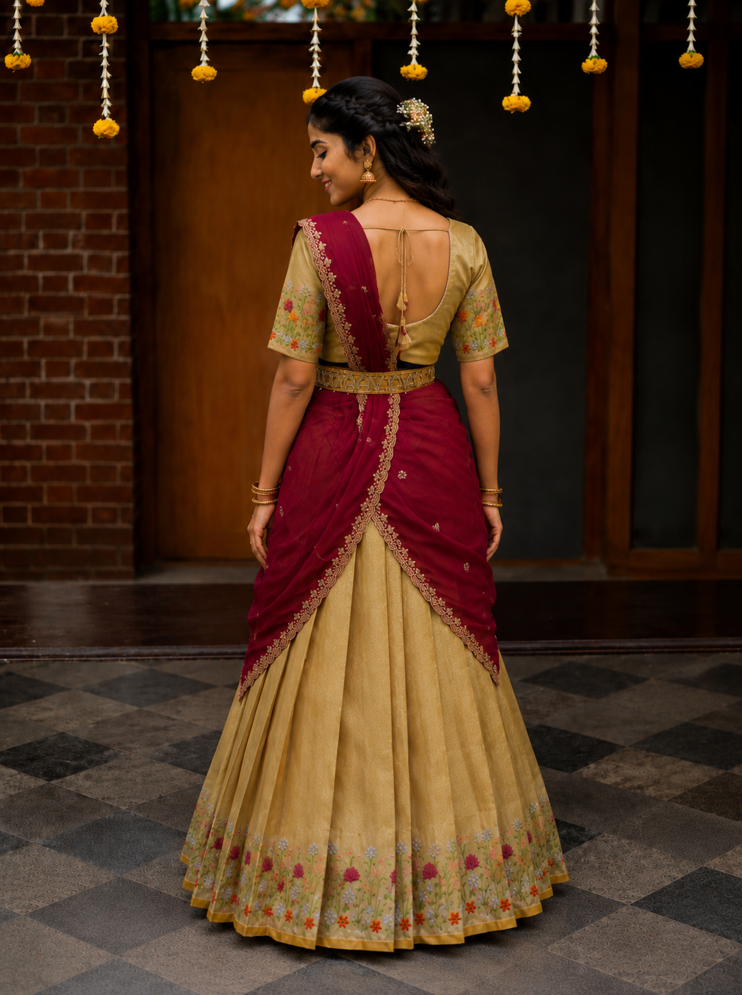 Elegant Beige & Orange Traditional Half Saree