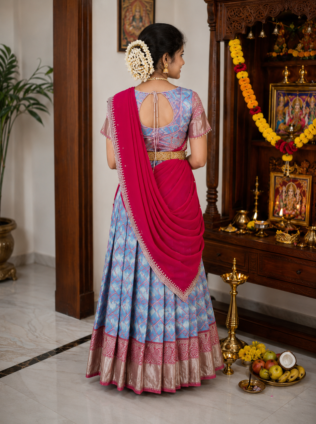 Royal Sky Blue & Pink Premium Traditional Half Saree
