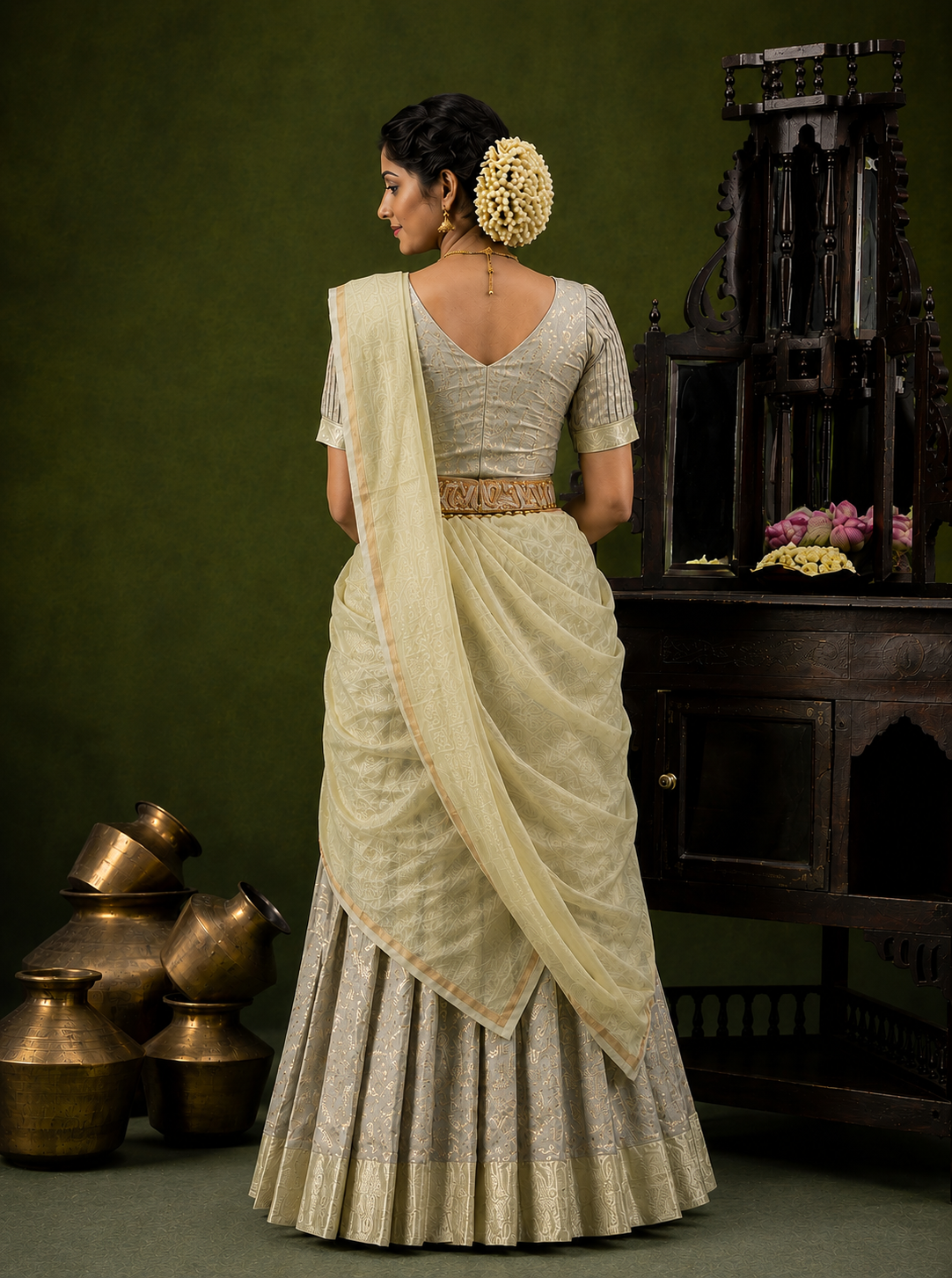 Elegant Ivory & Silver Occasion Wear Traditional Half Saree