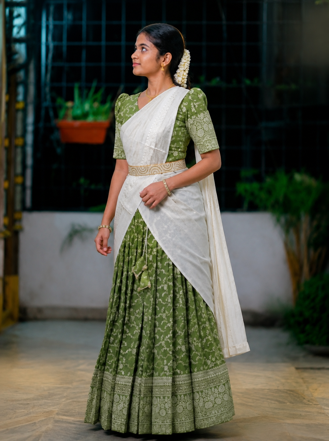 Olive Green & White Traditional Half Saree with Cultural Elegance