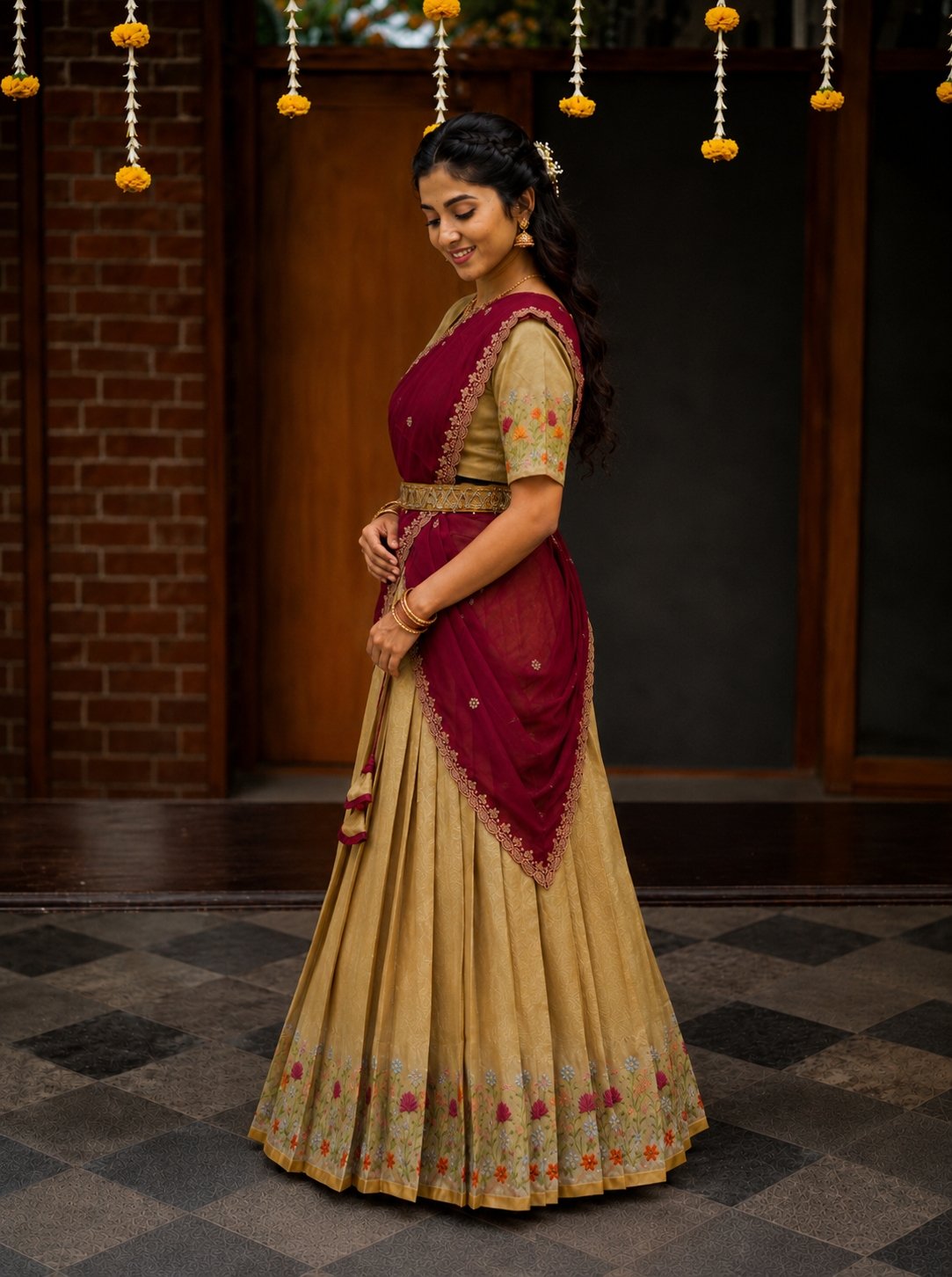 Elegant Beige & Orange Traditional Half Saree