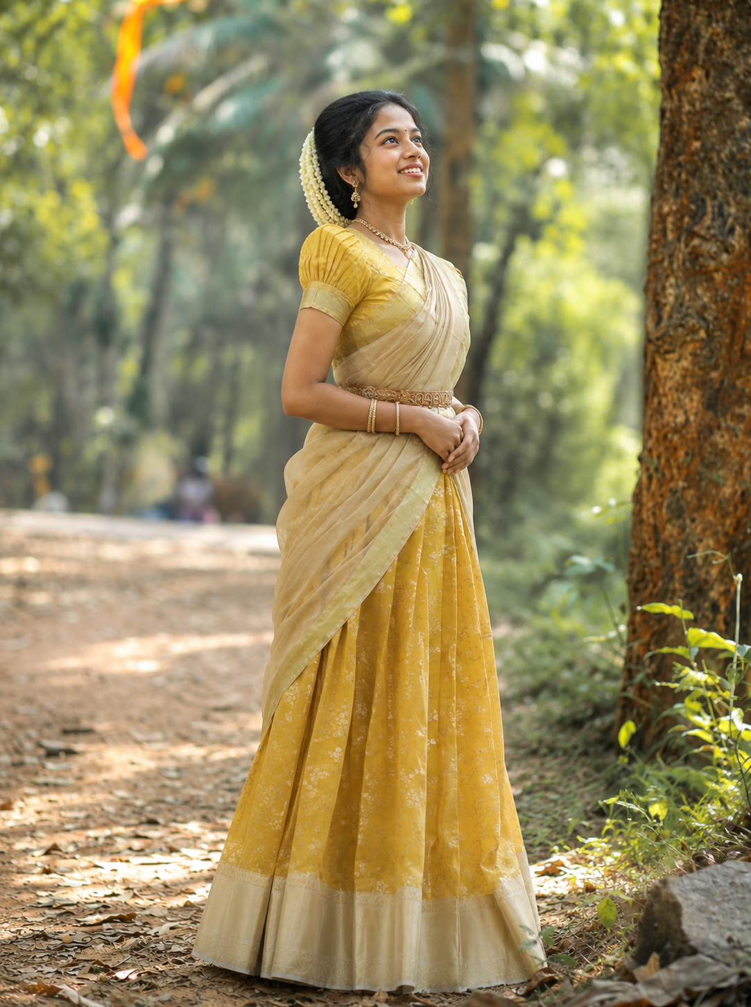 Mustard Yellow & Cream Traditional Half Saree