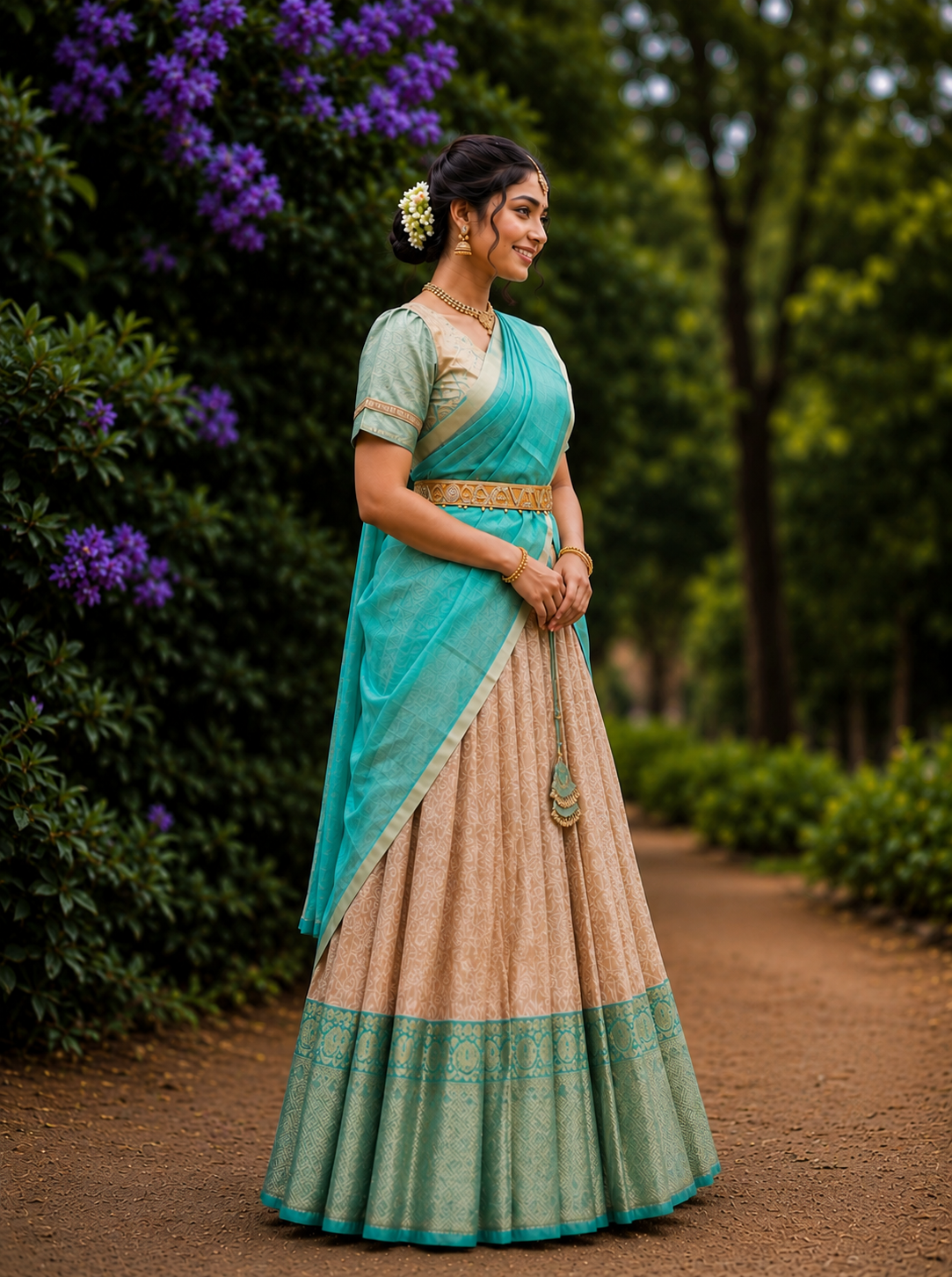 Gold & Cream Traditional Half Saree with Rich Ethnic Charm