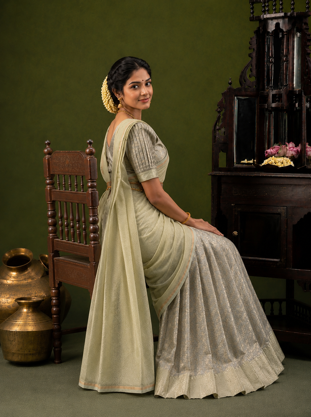Elegant Ivory & Silver Occasion Wear Traditional Half Saree