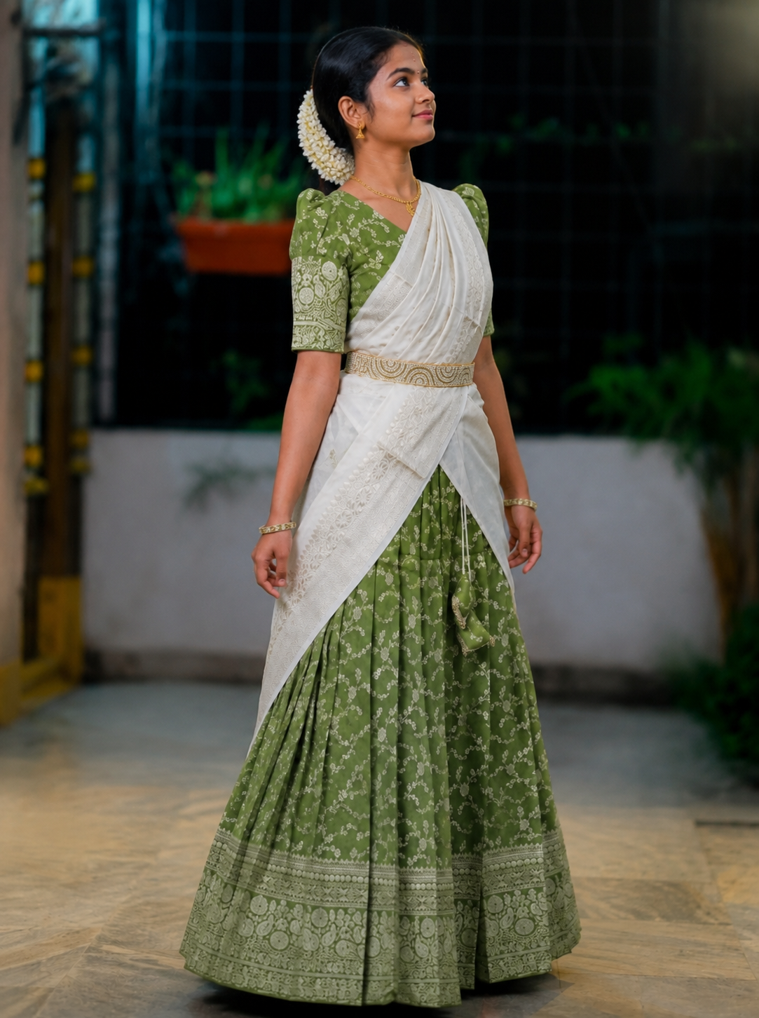 Olive Green & White Traditional Half Saree with Cultural Elegance